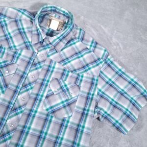 Wrangler Western Shirt Mens XL Blue Green Plaid Short Sleeve Pearl Snap Sawtooth
